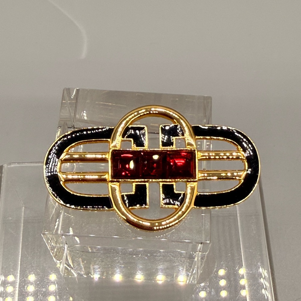Gold and Black Brooch with Red Accent Glass Stones Art Deco Style